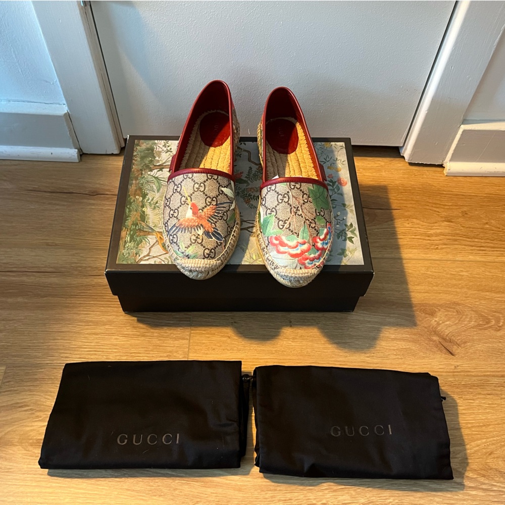 Gucci Monogram Hummingbird & Floral Espadrilles with Red Leather Trim